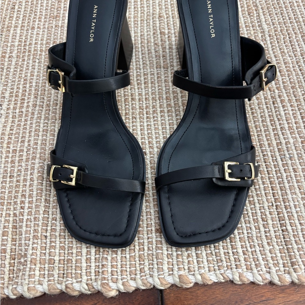 New Ann Taylor Black Heeled Sandals with Gold Buckles. Never Worn.